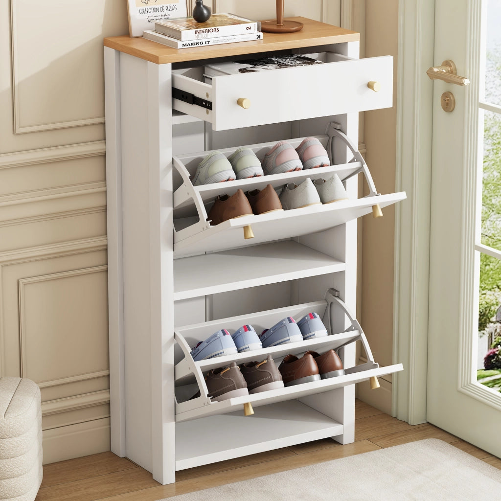 Scarpiera slim a ribalta con cassetto, 2 ante e ripiani regolabili, MDF bianco effetto legno, 50 x 25 x 95 cm