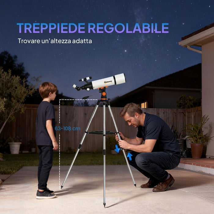 Telescopio Astronomico 80mm con Montatura AZ, 2 Lenti Oculari e Adattatore Smartphone, 92x92x130 cm, Bianco e Nero