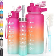 Set di tre bottiglie per bevande con imbuto - 2 litri, 700 ml e 300 ml - BPA libero con marcatura del tempo - rosso, ideale per bicicletta, fitness e escursioni all'aperto