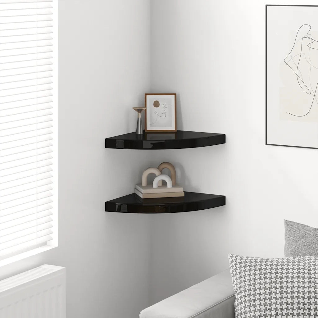 2 pz Scaffali Angolari a Parete | Mensola sospesa Nero Lucido 35x35x3,8 cm MDF
