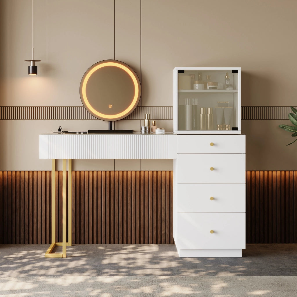 Set toeletta moderno con specchio LED, 5 cassetti, armadietto con anta in vetro e piano in vetro temperato, bianco, 120 x 40 x 120 cm