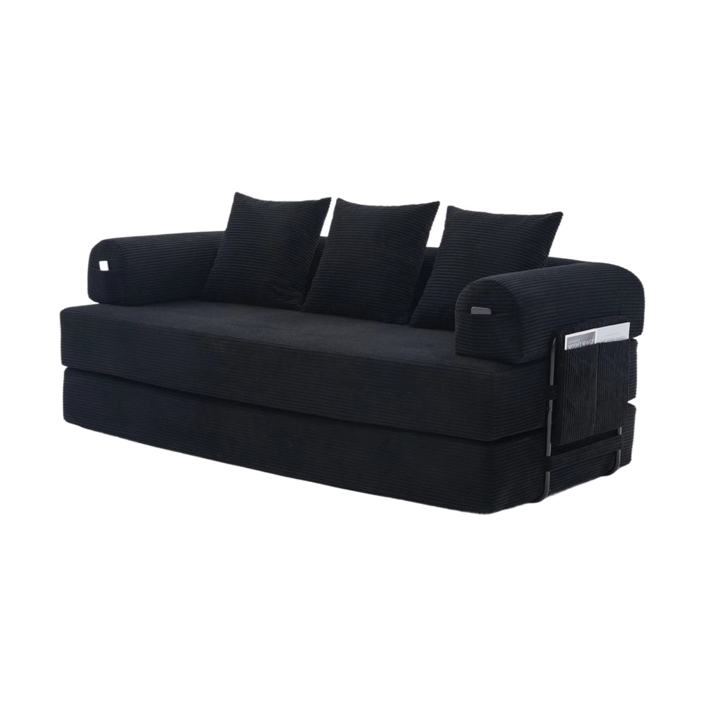 Divano modulare 200x94x67 cm con 3 cuscini; tasca laterale e struttura in metallo in velluto nero