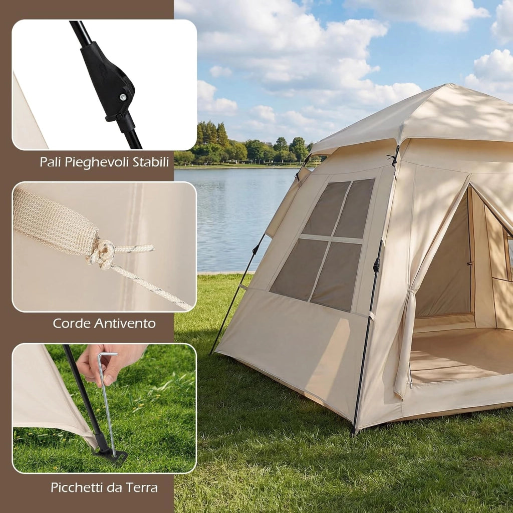 Tenda da Campeggio per 3-4 Persone, Tenda da Spiaggia Protezione Solare con Copertura Antipioggia Rimovibile, 2 Porte, 4 Finestre Traspiranti e Borsa per il Trasporto, Facile Installazione