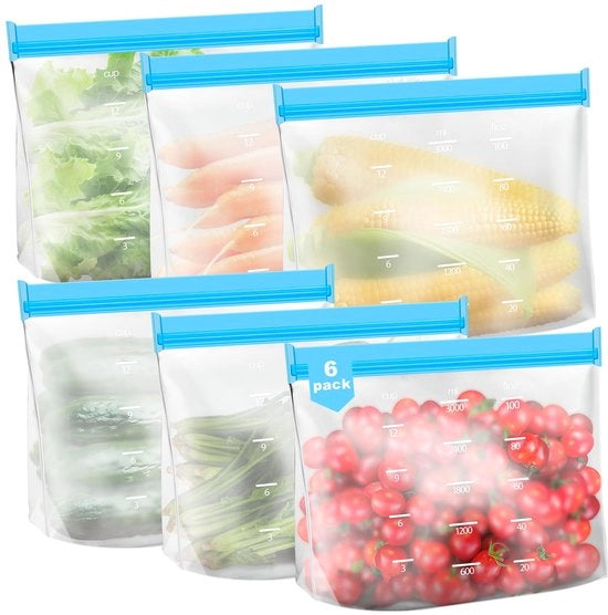 Set di sacchetti in silicone per congelatore, 6-pack con fondo rigido e reutilizzabili, sacchetti per panetteria per prodotti come pane, latte, snack, carne e uova - 28 * 21 * 8