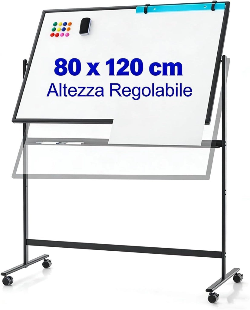 Lavagna Bianca Mobile 120 x 80 cm, Lavagna a Doppia Faccia Magnetica Cancellabile a Secco con Cavalletto e Ruote, Altezza Regolabile 2 Livelli, Accessori Completi (Nero)