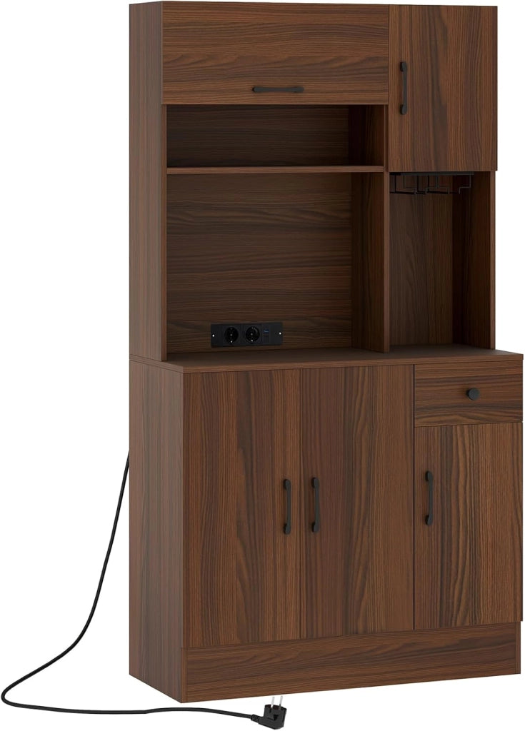 Armadio da Cucina da 167 cm, Mobile da Buffet con Stazione di Ricarica, Cassetto e Ripiani Regolabili, Armadio Buffet Autonomo per Sala da Pranzo, Noce/Nero (Noce)