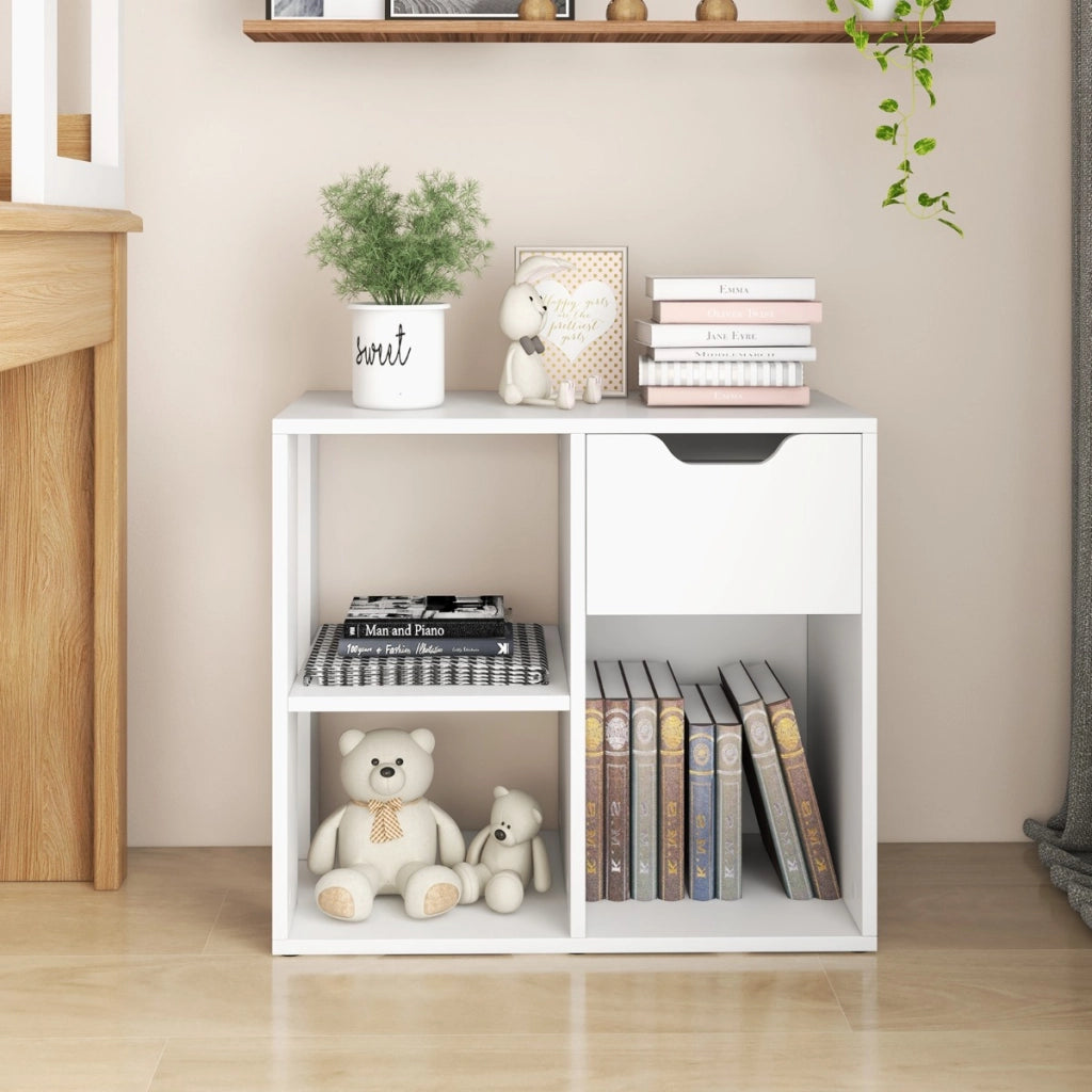 Scaffale di stoccaggio espositivo in legno a 2 livelli per soggiorno-Libreria a 3 cubi con cassetto estraibile Bianco
