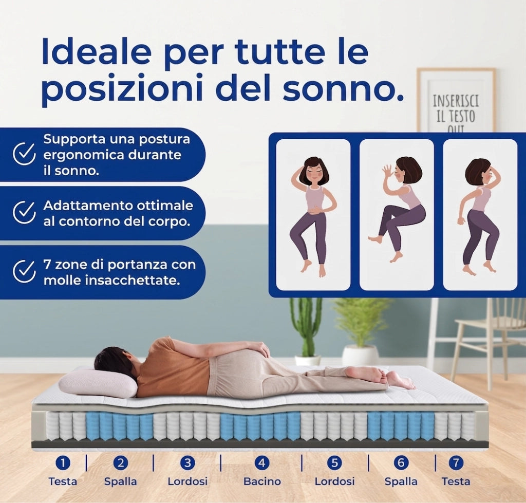 Materasso a Molle Insacchettate 140x200 cm Ergonomico 7 Zone; Altezza 20 cm; Schiuma e Molle; Bianco e Grigio