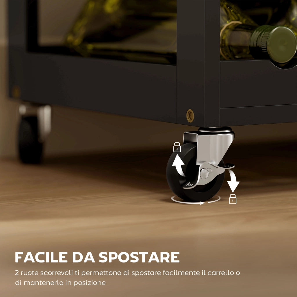 Carrello da Cucina con Portabottiglie, 3 Ante e Cassetto ¨C Minimal ¨C 67x37x87 cm, Nero e Rovere
