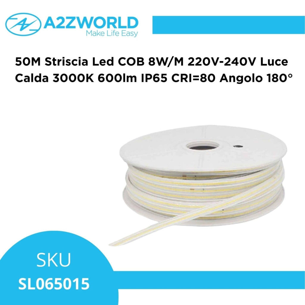 50M Striscia Led COB 8W/M 220V-240V Luce Calda 3000K 600lm IP65 CRI=80 Angolo 180°