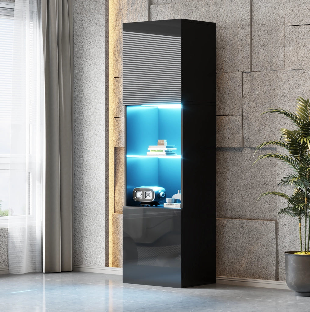 Vetrina nera lucida con LED e ripiano in vetro