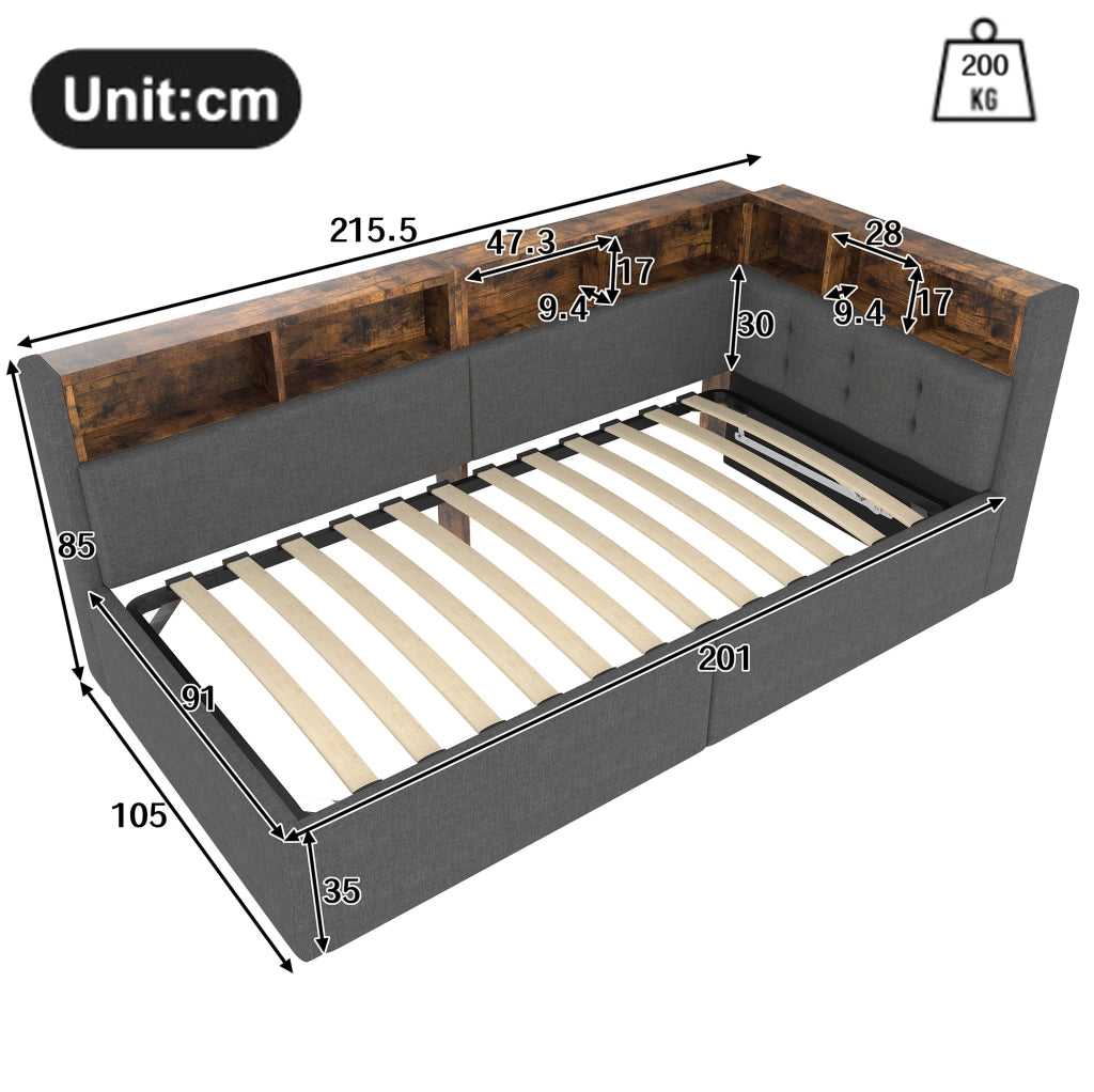 Divano letto 90x200 cm con luci LED e porte USB e Tipo C; in lino grigio