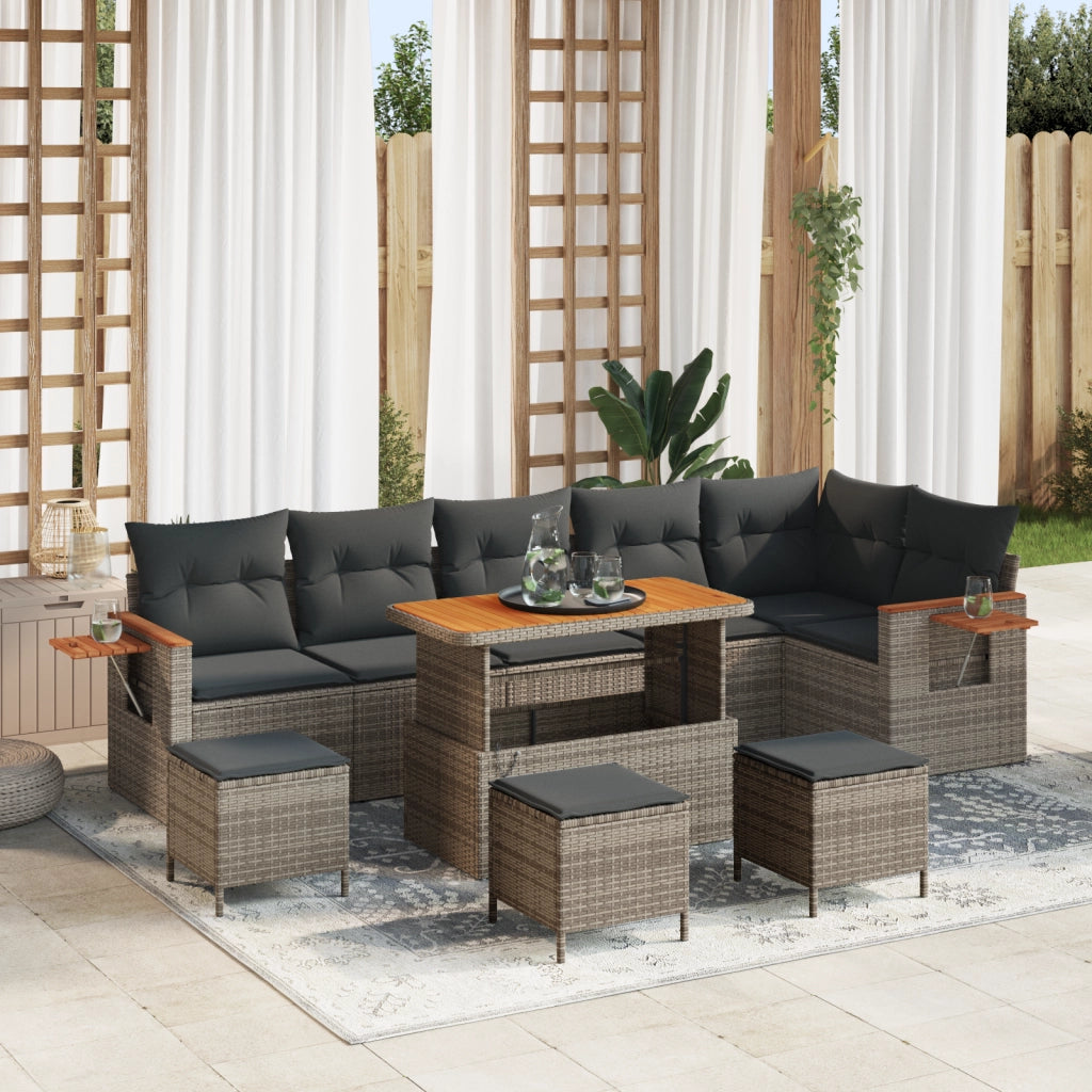 Set Divano da Giardino  10 Pezzi con Cuscini Grigio Polyrattan Acacia