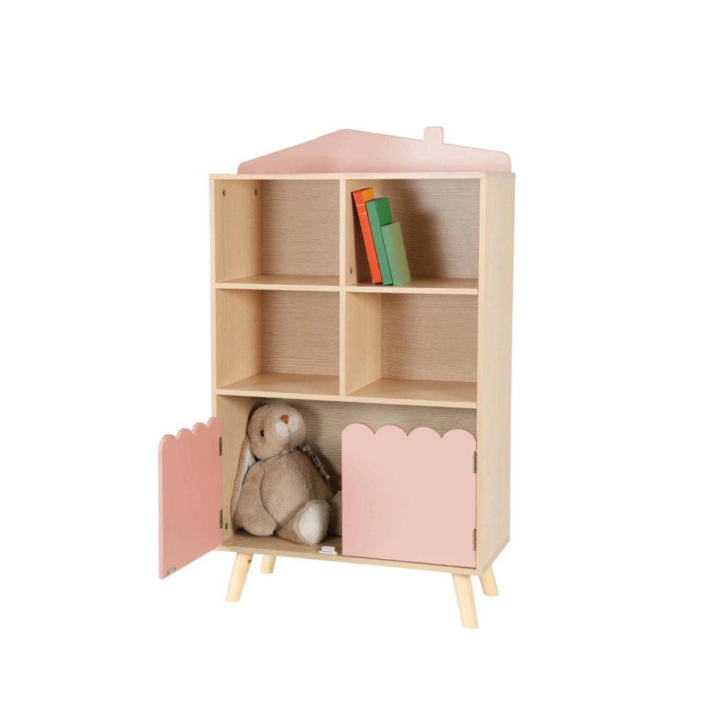 Biblioteca per bambini in legno di pino 2 porte e 4 scaffali, rosa