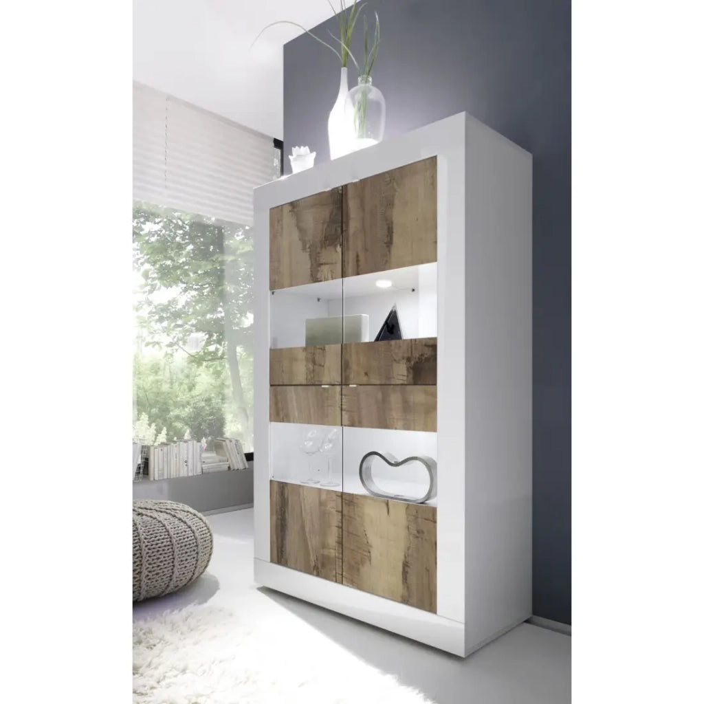 Vetrina 4 porte, collezione ISORA, color bianco lucido laccato e rovere chiaro