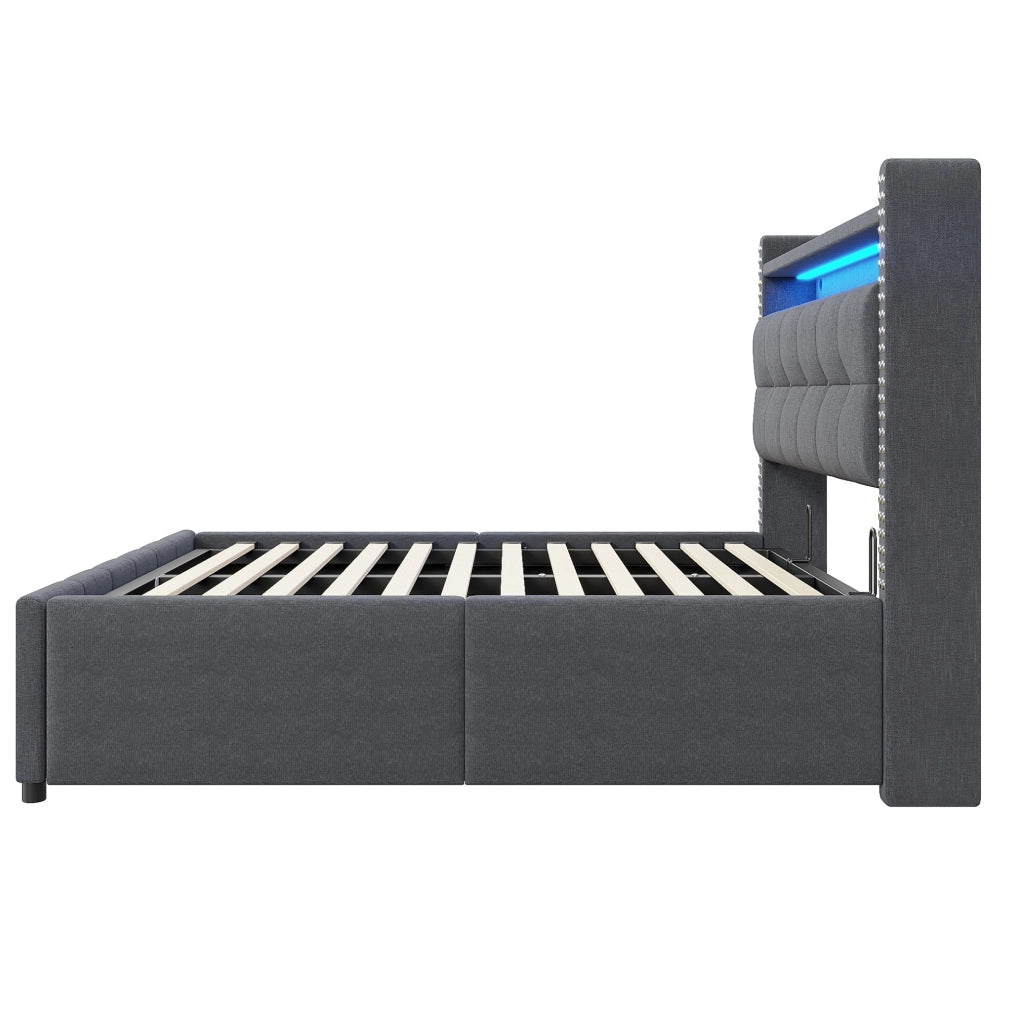 Letto imbottito matrimoniale 140x200 cm con LED; USB e contenitore; grigio