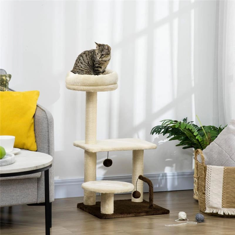ALBERO TIRAGRAFFI PER GATTI CON PALO IN SISAL, POSATOIO E PALLINE DA GIOCO, IN TRUCIOLATO E PELUCHE, 44X38X74 CM