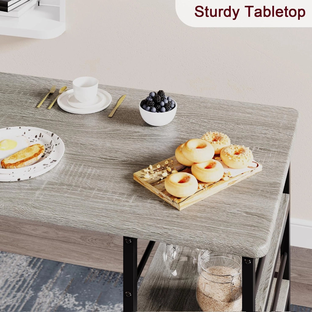 Set da pranzo a 3 pezzi per 2 persone: tavolo alto con 3 ripiani + 2 sedie imbottite - stile rustico - grigio