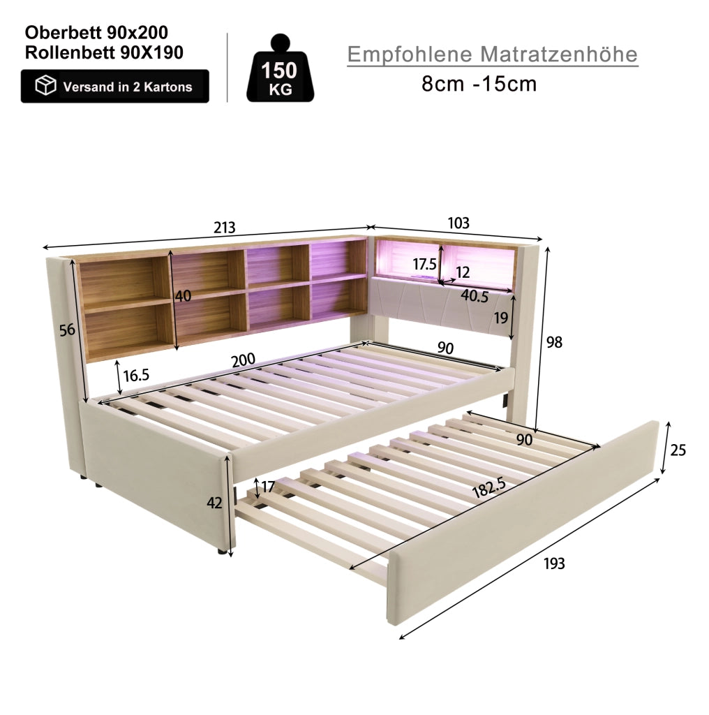 Divano letto multifunzione 90x200 cm con letto estraibile 90x190 cm; LED; beige