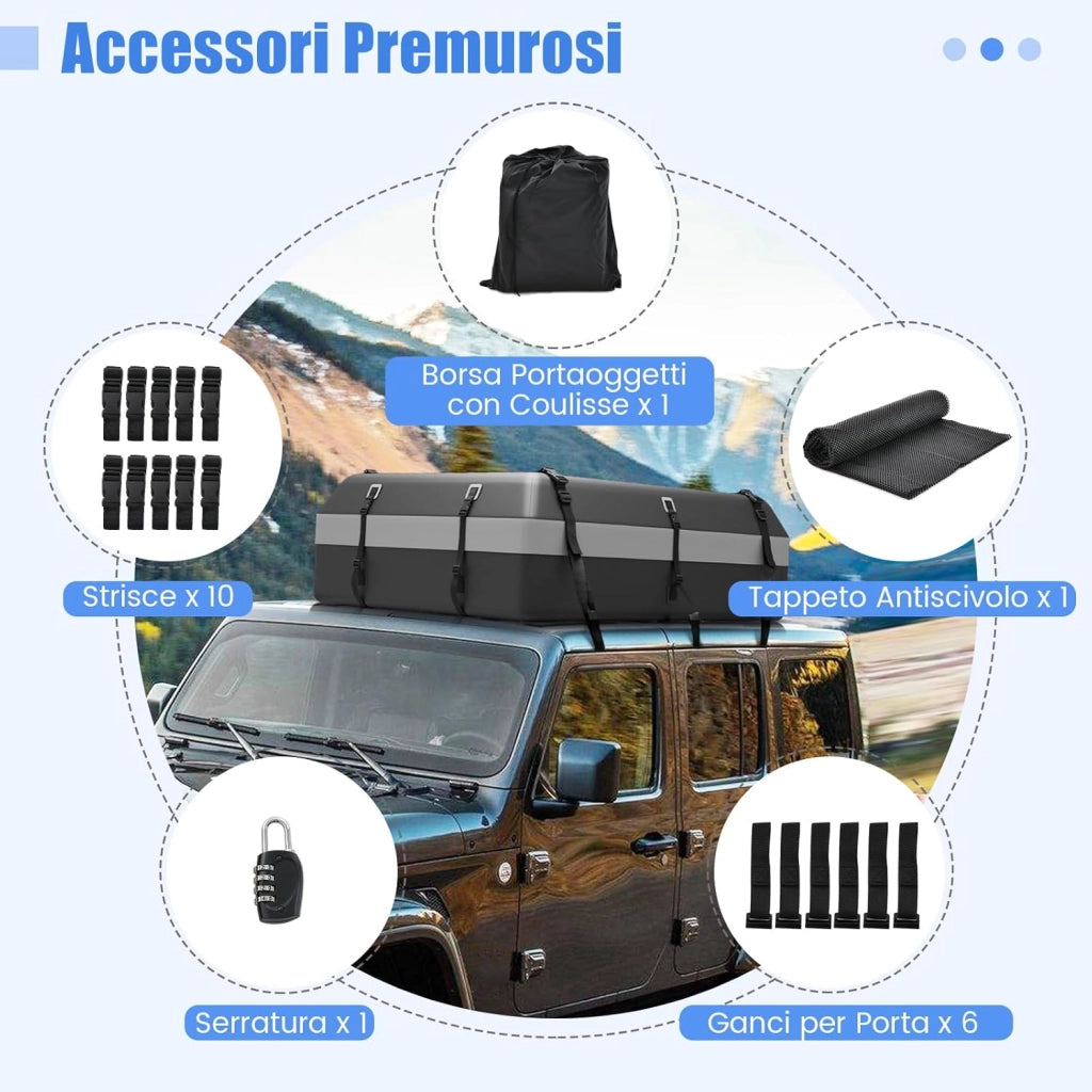 Borsa da Tetto per Auto Impermeabile 21Cu.Ft/595L, Box Tetto Universale con Tappetino Antiscivolo+ 12/14 Cinghie+ 6 Ganci, Sacca per Auto con/senza Barre Portapacchi (Grigio, 21Cu.Ft/595L)