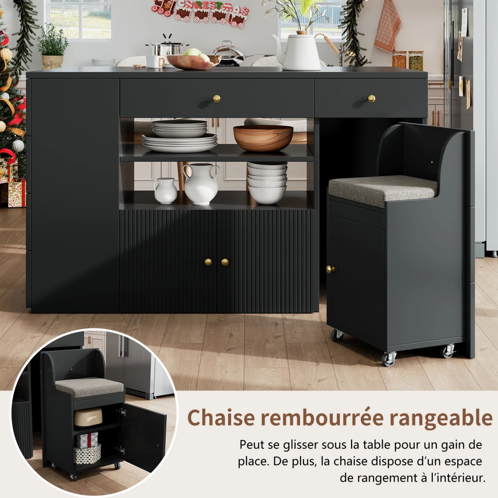 OKWISH Isola da Cucina con 6 Cassetti, 2 Ripiani Aperti, 1 Armadietto e Sgabello Contenitore con Ruote, 140 x 40 x 89 cm