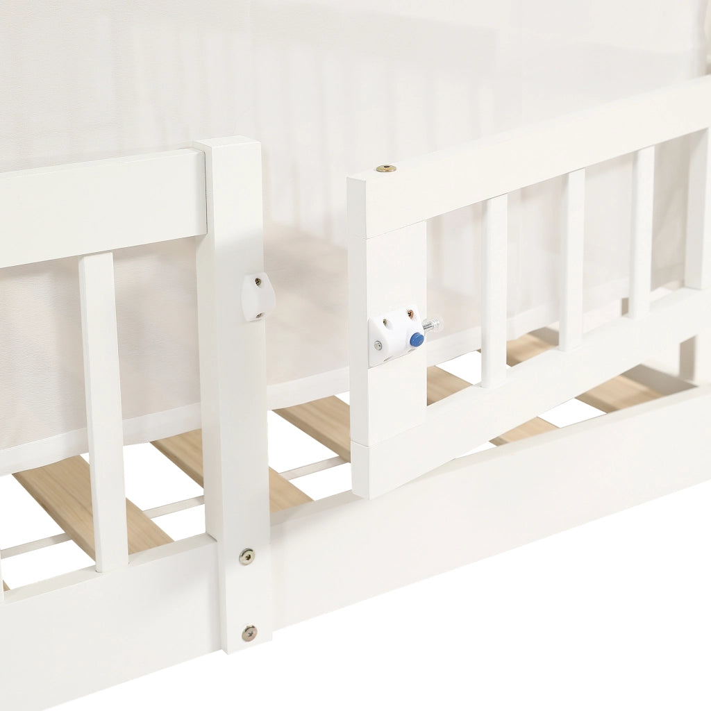 Letto Casetta 140x200 cm; Letto Singolo - Vano Contenitore e Tende - Legno - Bianco