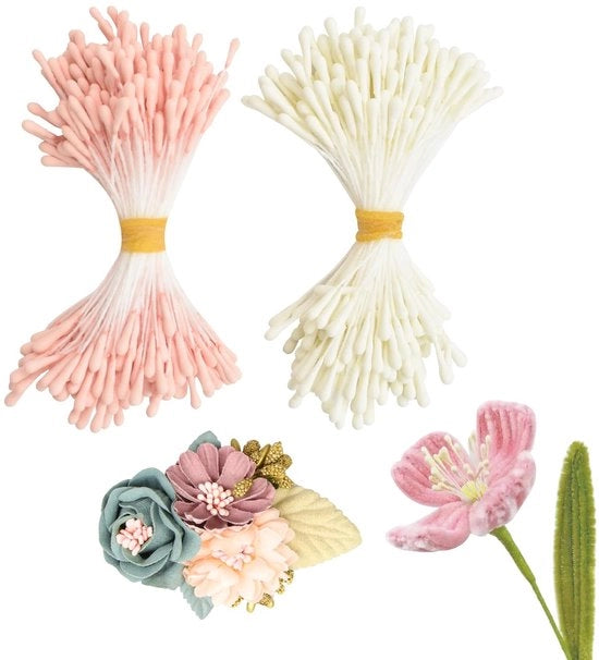 Meeldragers per fiori, 350 pezzi di pistilli fiorali, filamenti fiorali a doppia testa per progetti di fai da te, accessori per bouquet per matrimoni e feste di nozze (rosa + bianco)