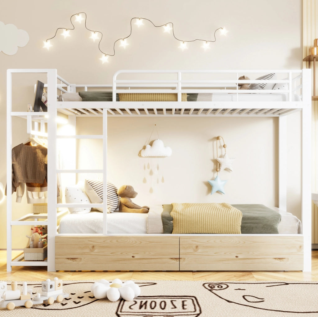Letto a castello 90x200 cm con struttura in metallo; 2 cassetti; ripiani e LED; bianco