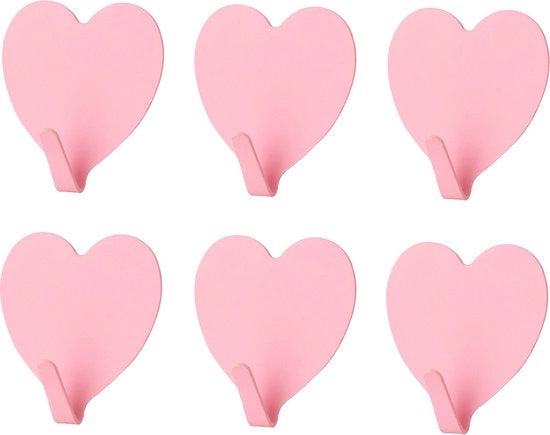 Haken Autoadesivi - 6 pezzi - Hanger a forma di cuore - Hanger per creatività - Super resistenti - Resistenti all'acqua - per cucina e bagno - Hanger per asciugamani - Hanger per parete - rosa