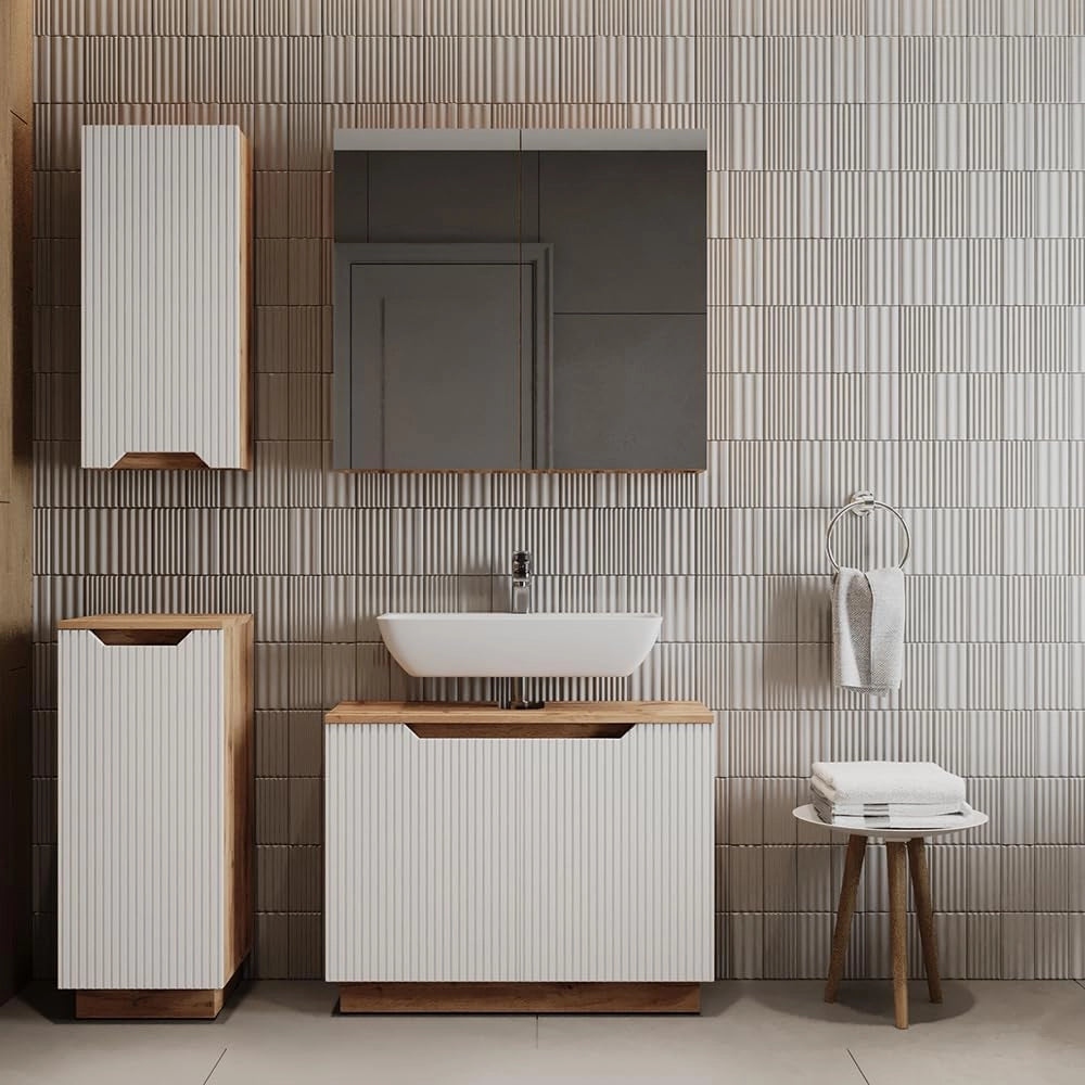 Set di mobili da bagno Lotta, Rovere/bianco a strisce, 4 parti