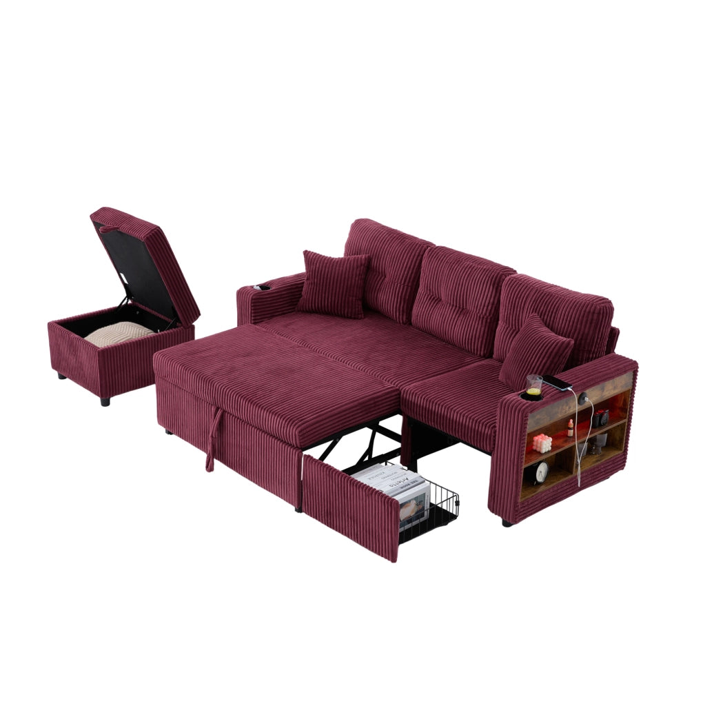 Divano letto in corduroy con contenitore; USB-C e LED; 196 cm; rosso vino