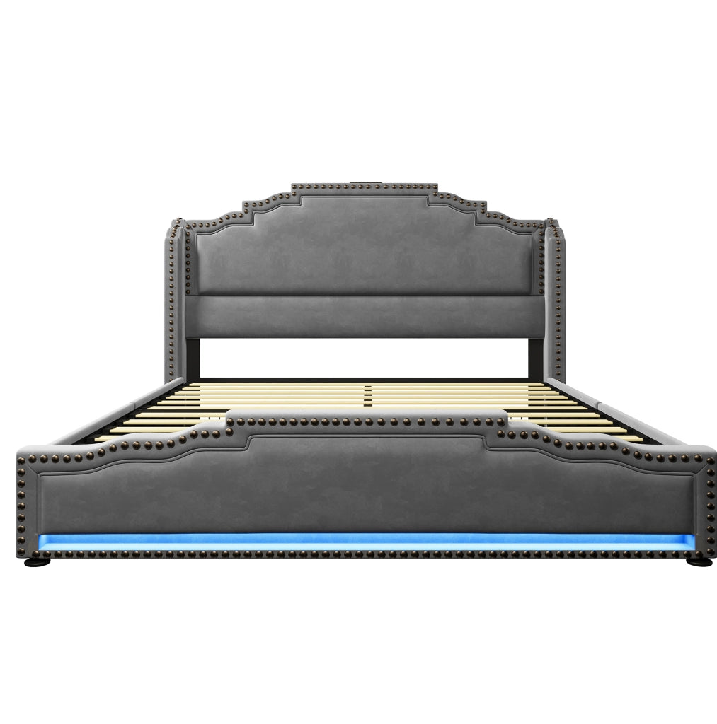 Letto 160x200 cm con 4 cassetti; LED; porte USB e Type-C; velluto grigio