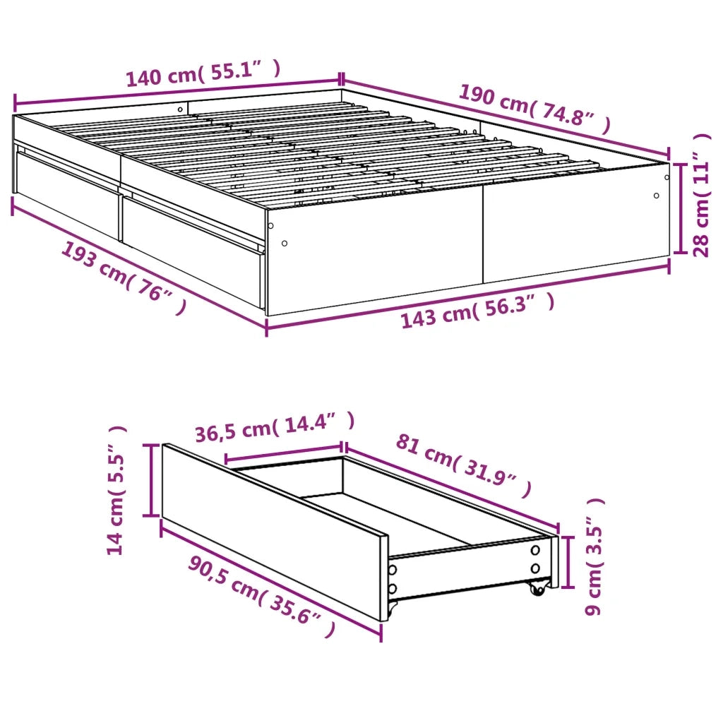 Giroletto con Cassetti Bianco 140x190 cm in Legno Multistrato