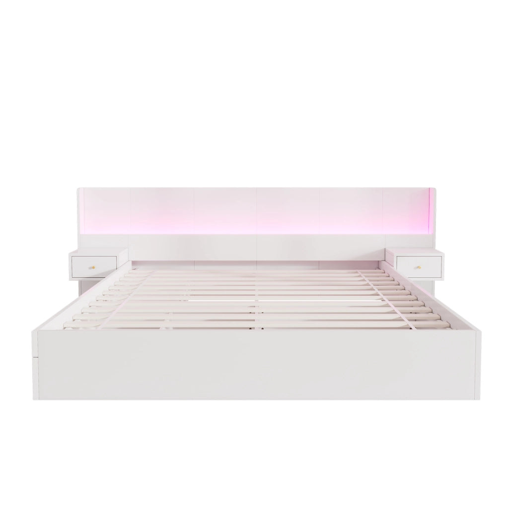 Letto matrimoniale 180x200 cm con LED; USB; presa; 2 comodini e 2 cassetti in MDF bianco