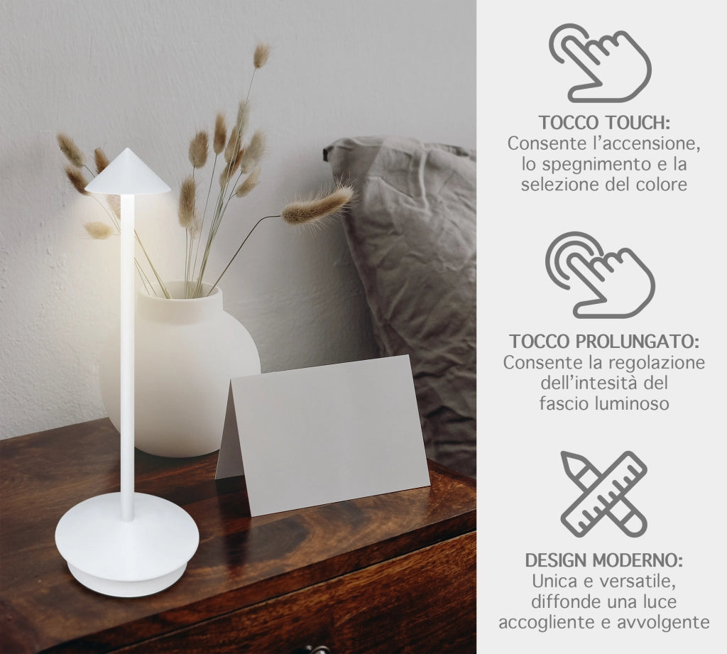 Coppia Di Lampada Da Tavolo LED Set 2 Pezzi Design Moderno Senza Fili Ricaricabile Controllo Touch Selezione Colore Intensità Dimmerabile Altezza Regolabile Con Adattatore Per Bottiglia 3000/4500/600K  2Pz-Arrow-Bianco