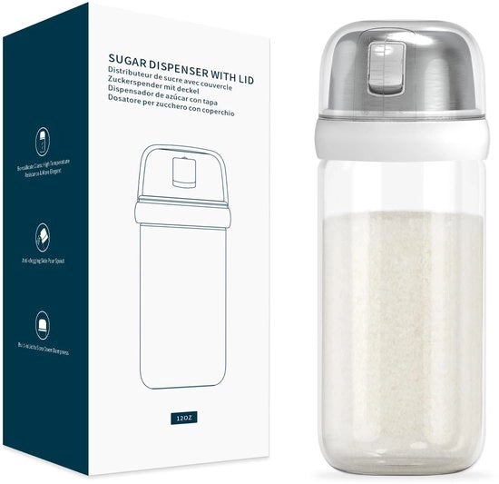 Dispenser di zucchero in vetro con maniglia laterale, coperchio integrato per ridurre la formazione di crepe, elegante dispensatore di zucchero in vetro di borosilicato, BPA-free, 12 oz (bianco)