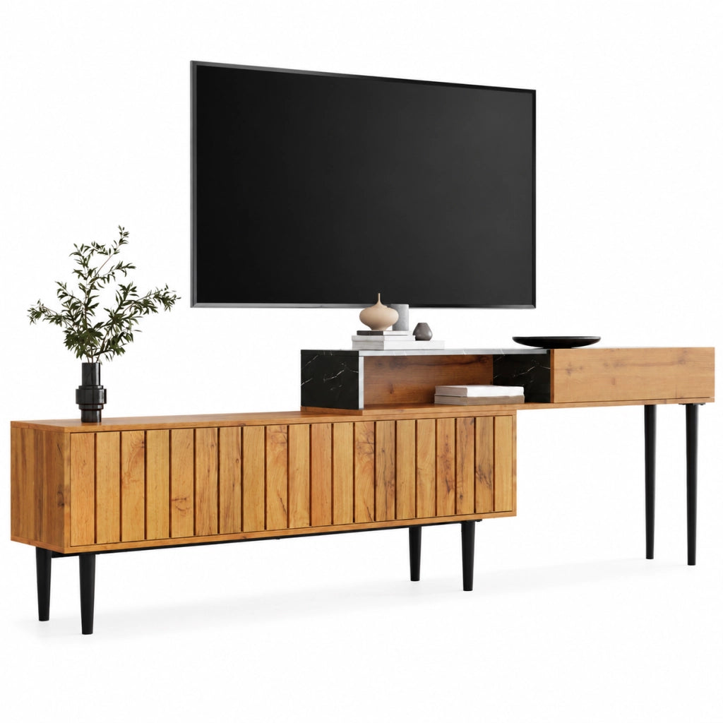 Mobile TV; design marmo e venatura legno; bordo in PVC; gambe in ferro; MDF; colore naturale