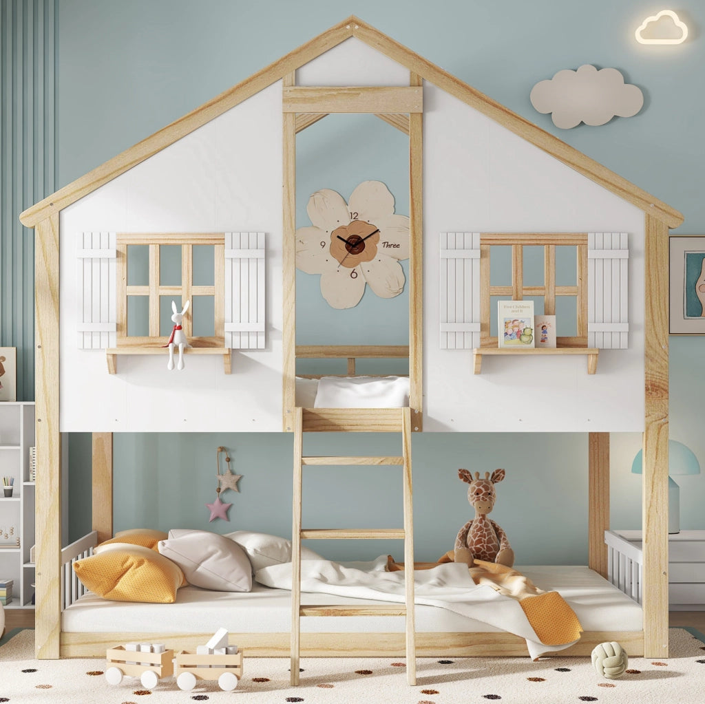Letto a castello 90x200 cm con scala inclinata; finestre e tetto in pino e MDF bianco naturale