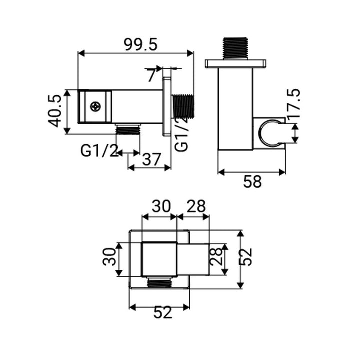 Presa d'acqua snodabile in ottone con supporto doccetta quadra