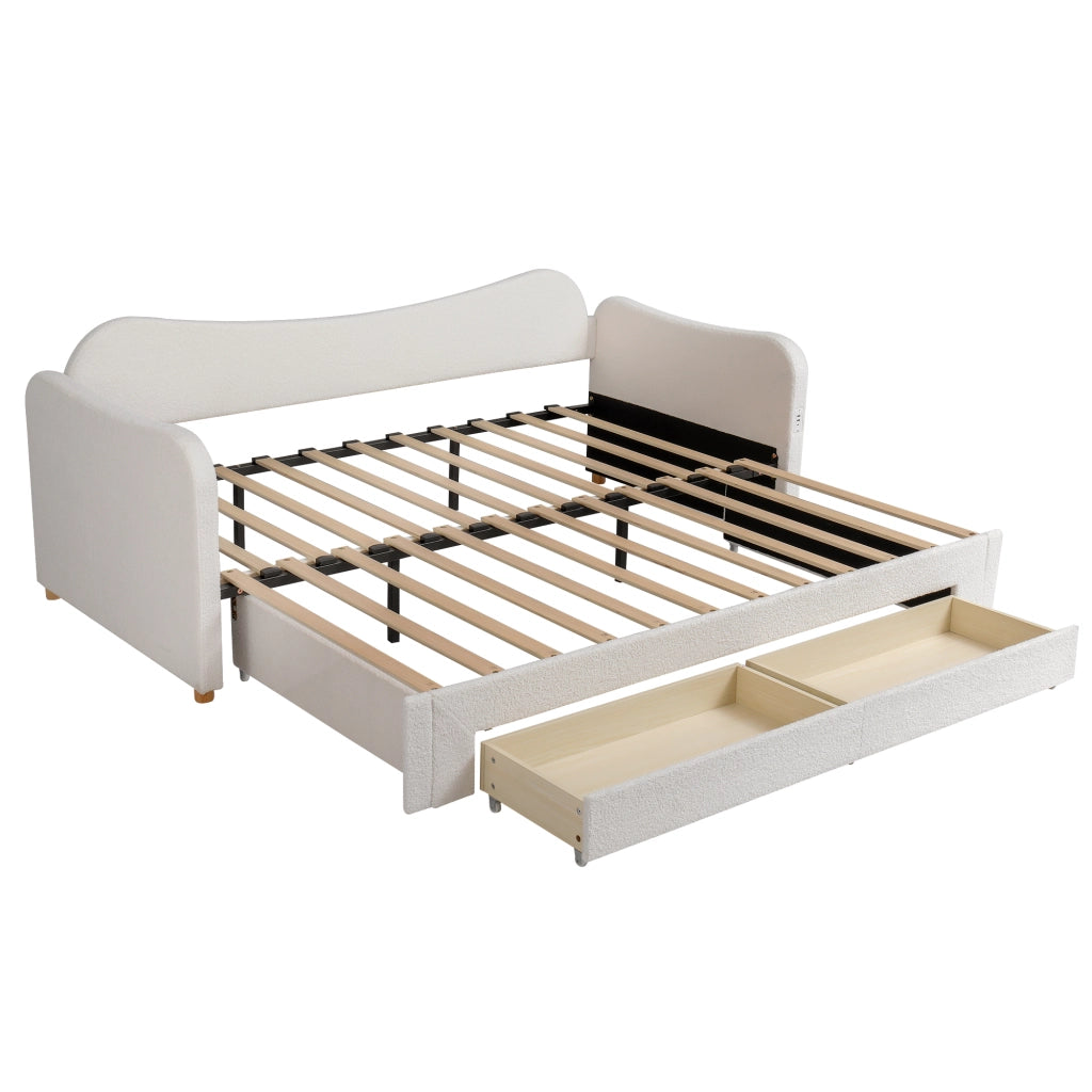 Letto imbottito estraibile 90x200 cm con cassetti; USB e Type-C; beige bouclé