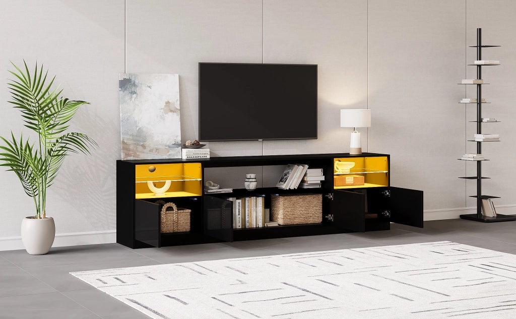 Mobile porta TV con LED, 4 ante, 8 vani e 2 ripiani in vetro temperato per soggiorno, nero, 180 × 35 × 60 cm