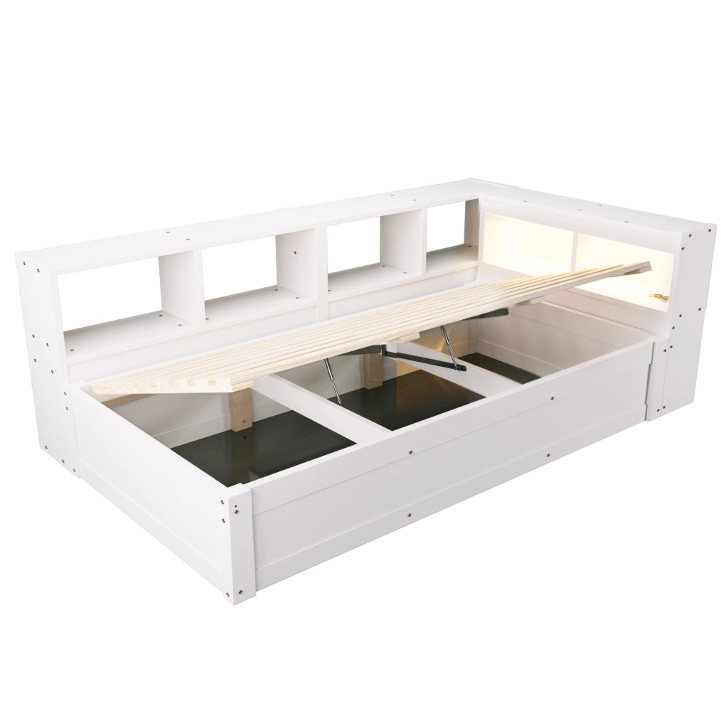Letto multifunzionale 90x200 cm con LED, presa integrata e vani contenitore