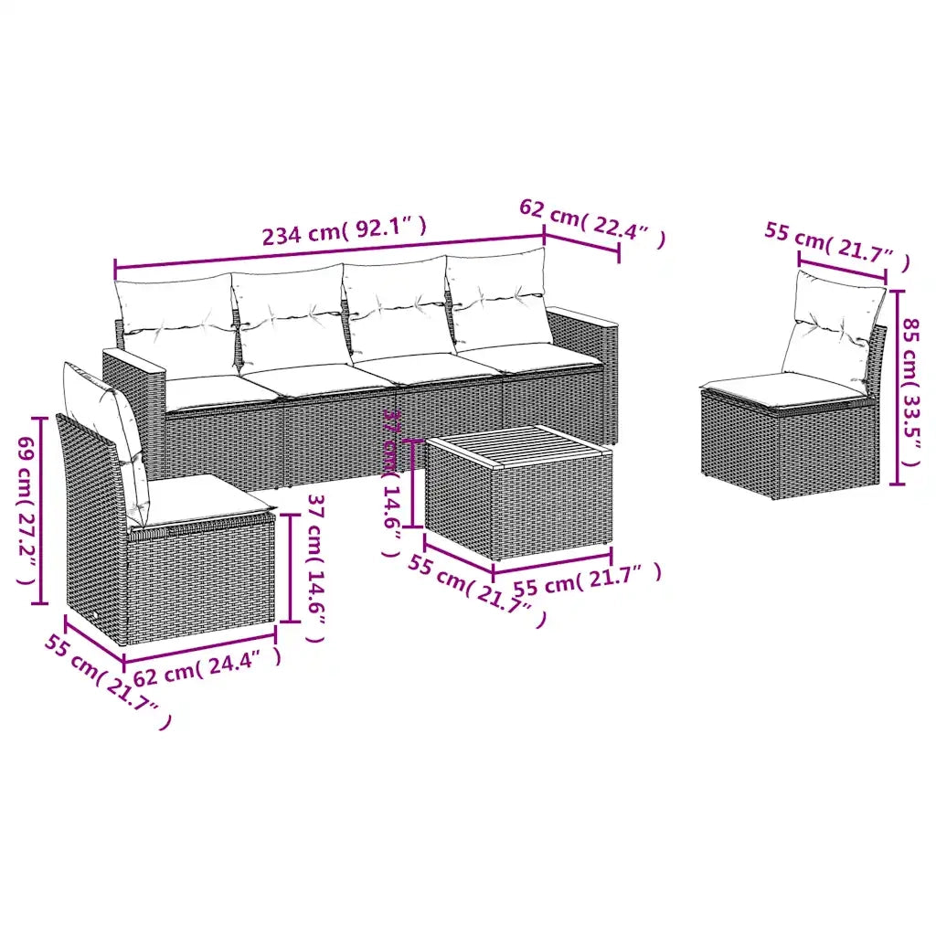 Set Divani da Giardino 7 pz con Cuscini Nero in Polyrattan 3225868