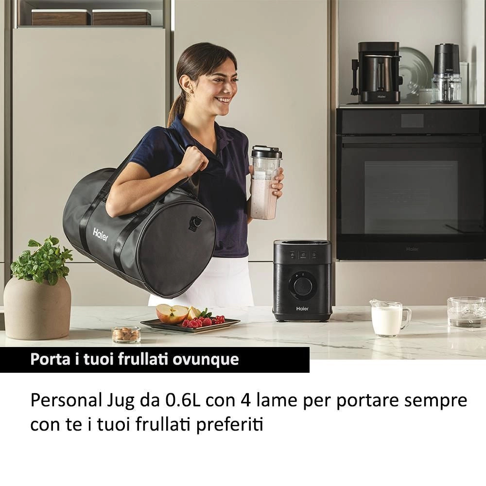 Haier Frullatore I-Master Serie 5 Obsidian grey, 6 lame in acciaio inox, Caraffa in vetro da 2 L, 3 programmi preimpostati, Personal Jug incluso