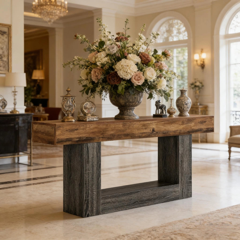 Consolle in MDF con base a U e ripiano inferiore stile rustico grigio e marrone per soggiorno e ingresso 160 cm
