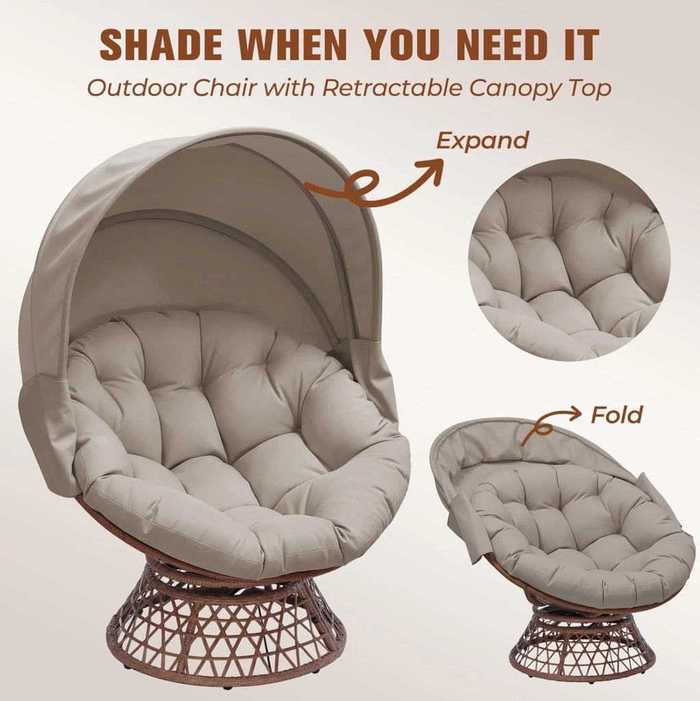 Poltrona da papasan, comoda poltrona girevole con cuscino rotondo, comoda poltrona in rattan, girevole, in vimini, per soggiorno, angolo lettura, lounge – marrone