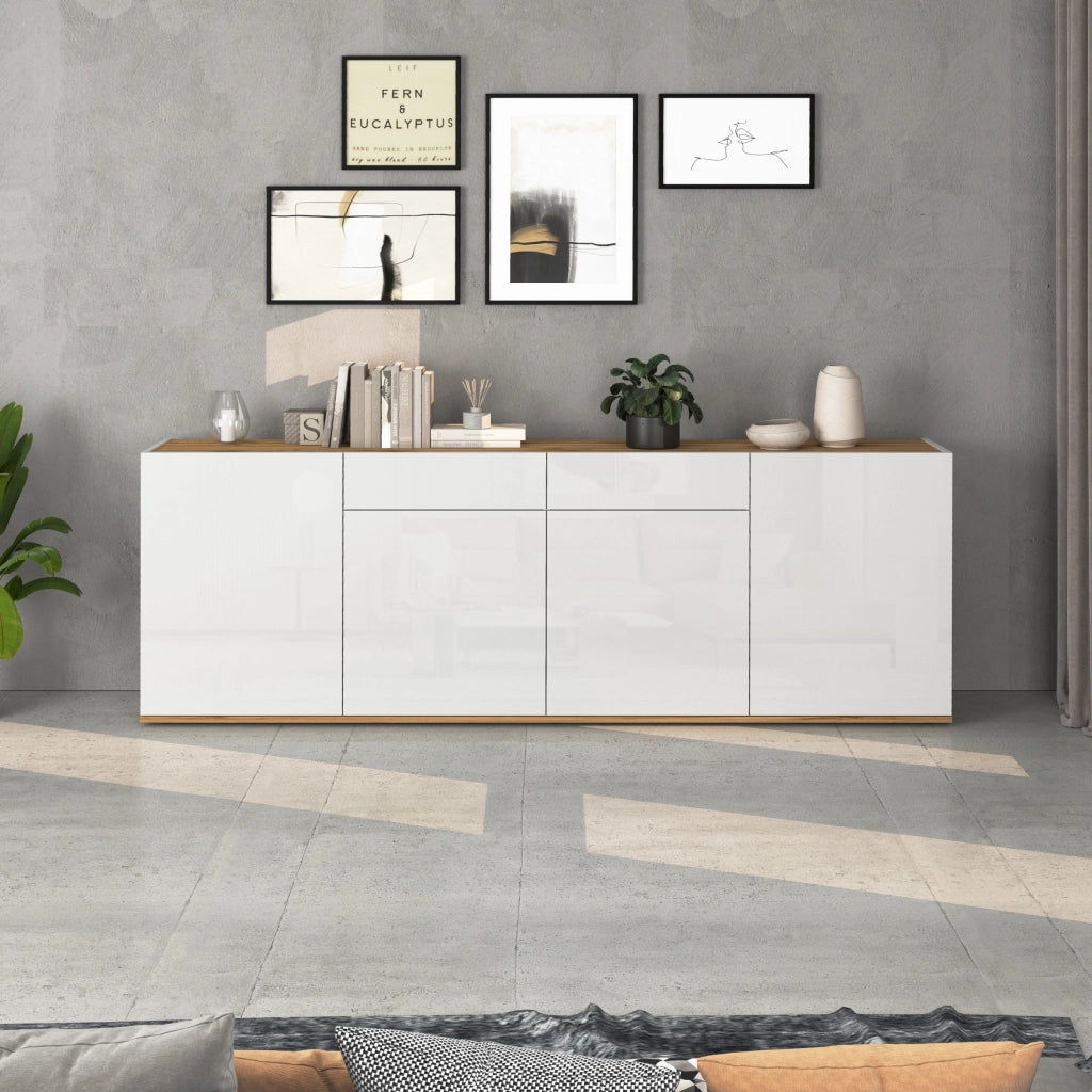 WHOUS Madia Garda a 4 ante e 2 cassetti bianco lucido e rovere 200x35x71 cm