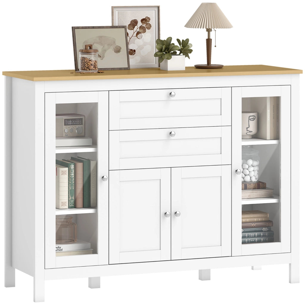 Mobile Cucina con 2 Cassetti e 3 Armadietti. Ante in Vetro e Ripiani Regolabili. 120x40x90 cm. Bianco e Rovere