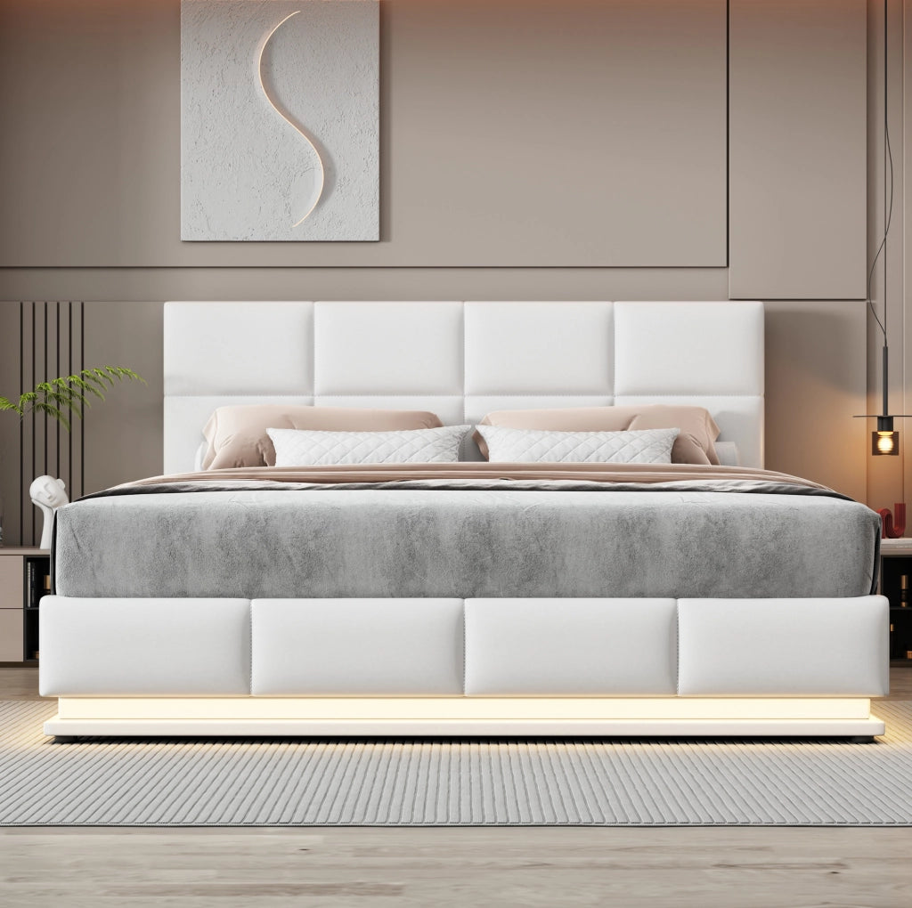 Letto 180x200 cm con LED e contenitore sollevabile in similpelle bianco