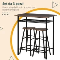 Tavolo Alto con 2 Sgabelli per Cucina, Soggiorno, Bar, Struttura in Acciaio con Poggiapiedi e Mensola